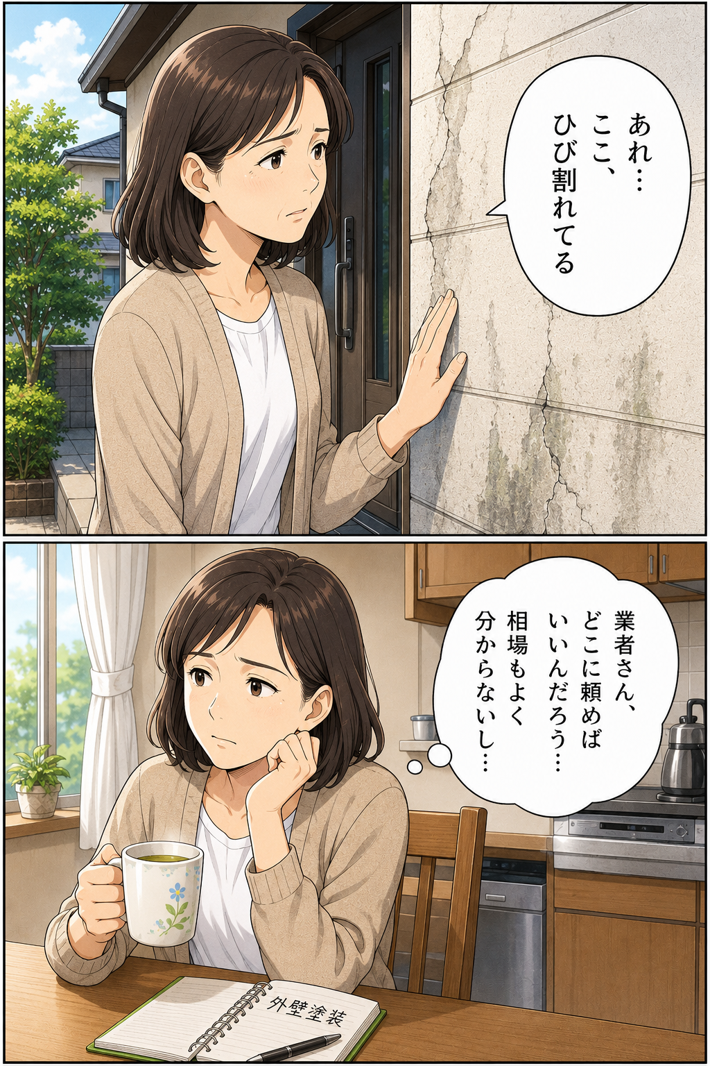 外壁のひび割れに気づいた女性