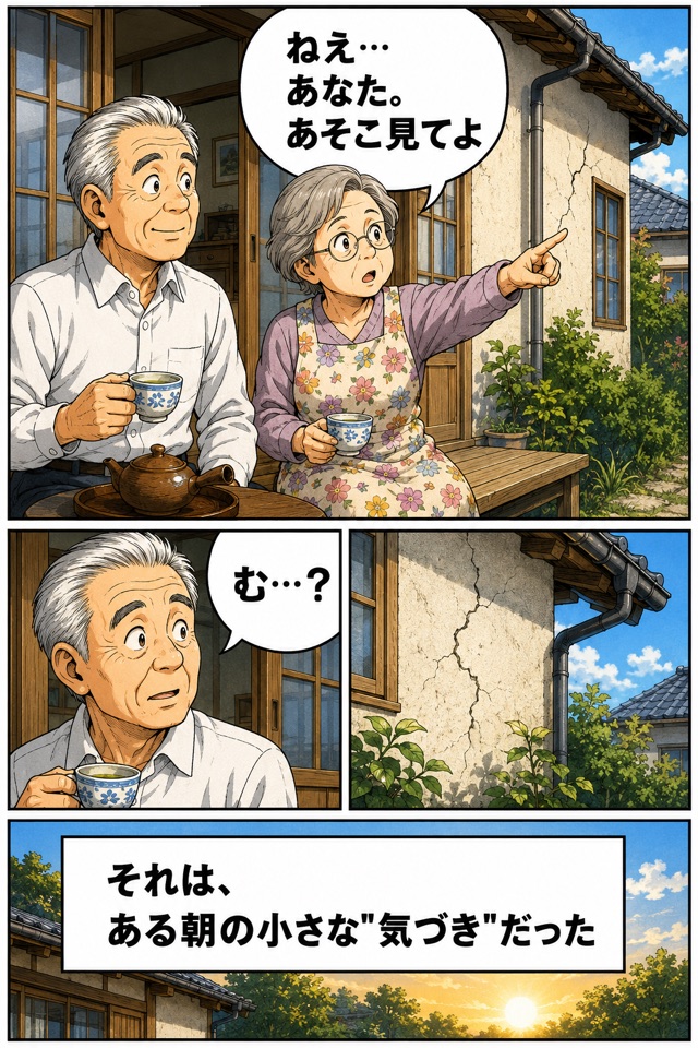 外壁のひび割れに気づく老夫婦