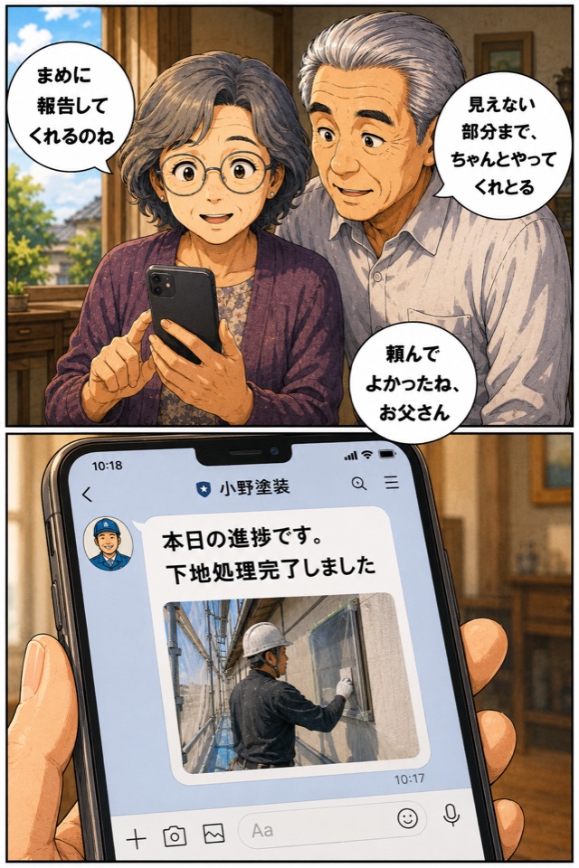 施工中の進捗をLINEで報告する場面