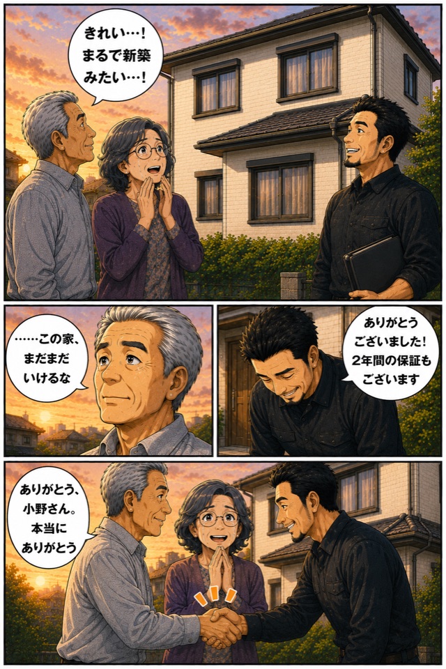 外壁塗装完了後に感謝する夫婦