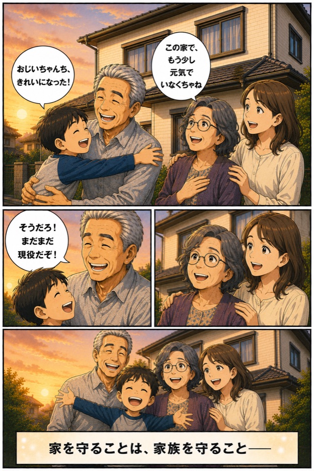 家族がきれいになった家を喜ぶ場面